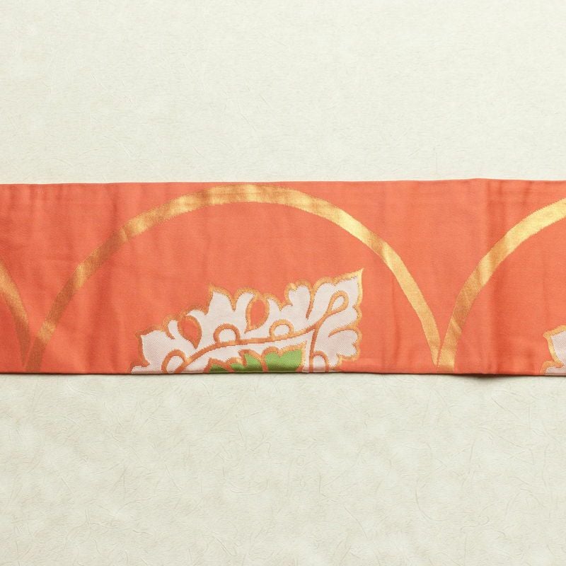 名古屋帯 全通柄 正絹 木の葉・植物柄 名古屋仕立て 箔 帯 橙_画像13