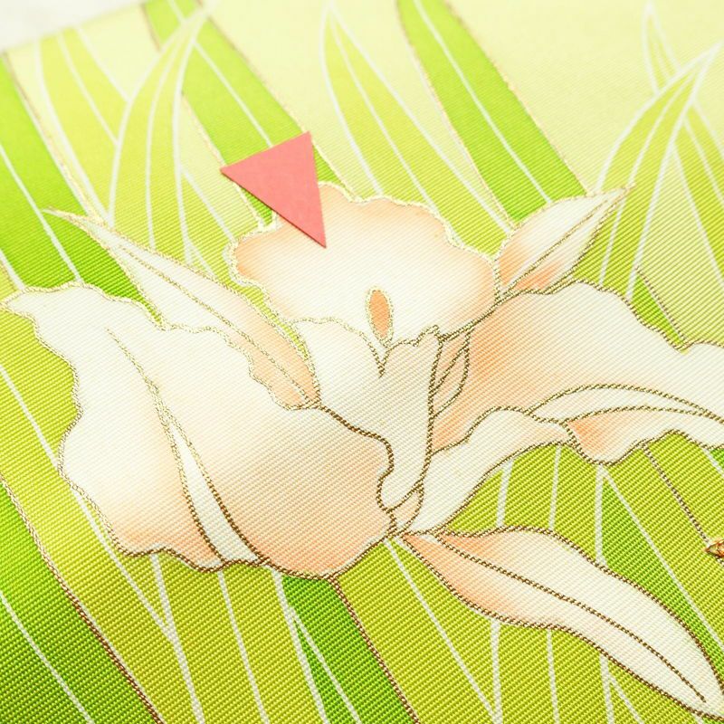 名古屋帯 太鼓柄 良品 金駒刺繍 正絹 花柄 名古屋仕立て 金彩 帯 緑・うぐいす色_画像6