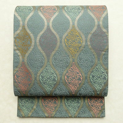 袋帯 六通柄 フォーマル用 正絹 流水・波柄 立涌 帯 緑・うぐいす色