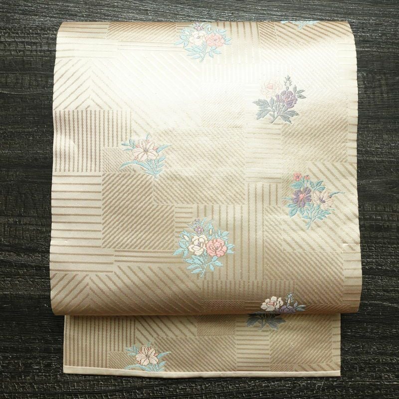 名古屋帯 六通柄 良品 正絹 花柄 名古屋仕立て 箔 帯 ピンク_画像1