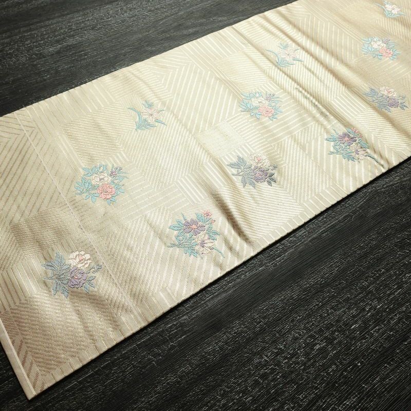 名古屋帯 六通柄 良品 正絹 花柄 名古屋仕立て 箔 帯 ピンク_画像6