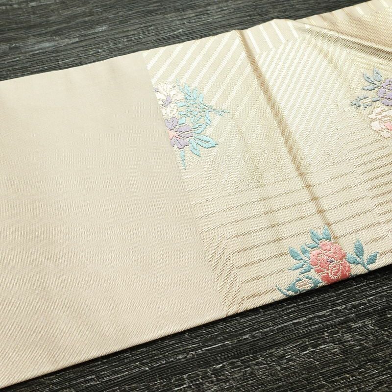 名古屋帯 六通柄 良品 正絹 花柄 名古屋仕立て 箔 帯 ピンク_画像12