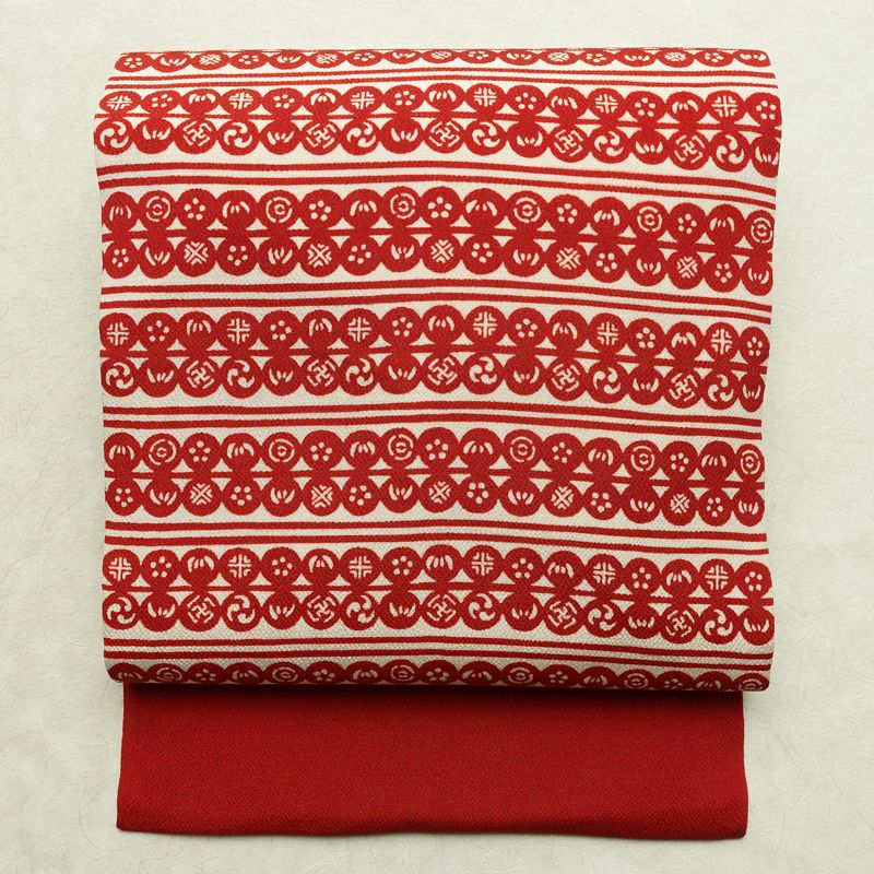 名古屋帯 全通柄 良品 縮緬 正絹 縞柄・線柄 名古屋仕立て 帯 赤・朱_画像1