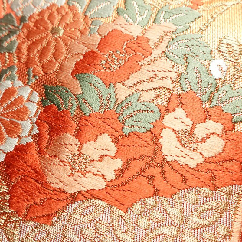 名古屋帯 桃山招宴文 本金箔 太鼓柄 美品 正絹 花柄 名古屋仕立て 箔 フォーマル 扇面 帯 赤・朱_画像3