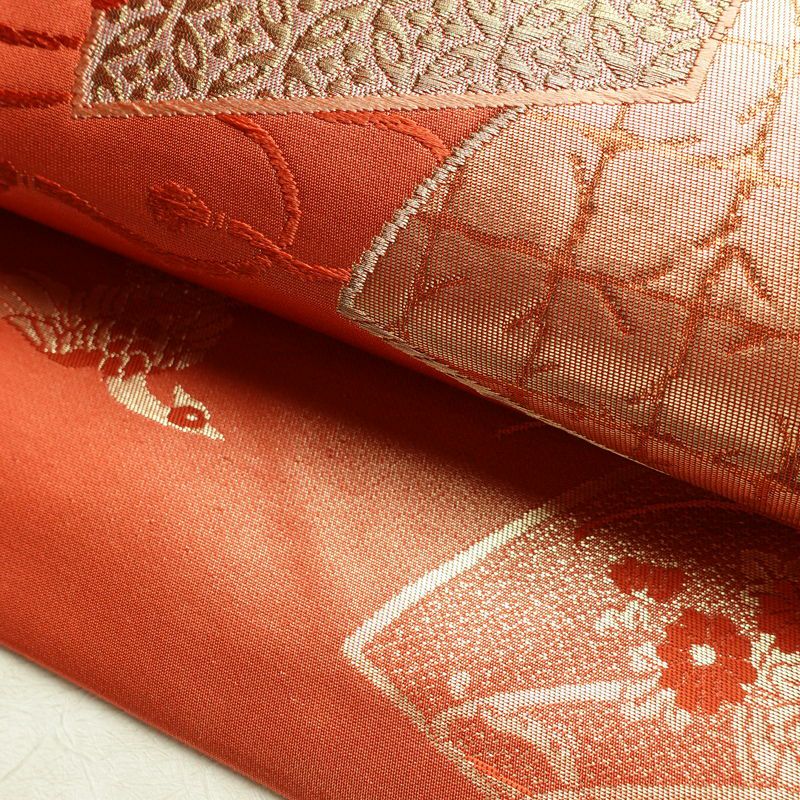 名古屋帯 桃山招宴文 本金箔 太鼓柄 美品 正絹 花柄 名古屋仕立て 箔 フォーマル 扇面 帯 赤・朱_画像7