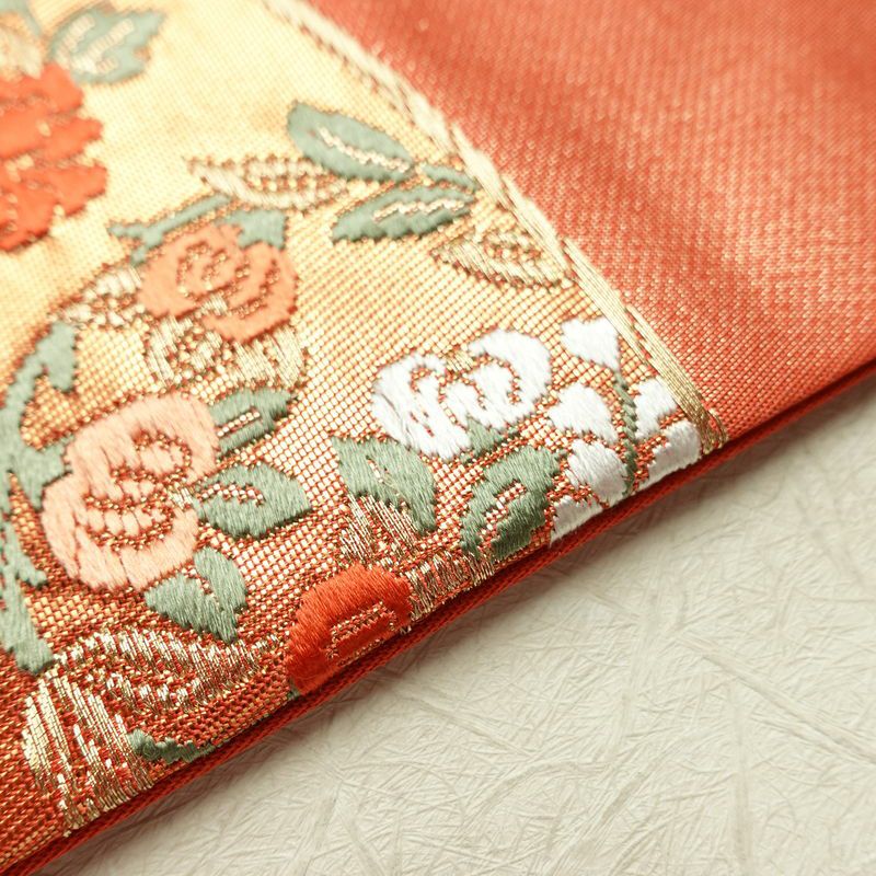 名古屋帯 桃山招宴文 本金箔 太鼓柄 美品 正絹 花柄 名古屋仕立て 箔 フォーマル 扇面 帯 赤・朱_画像12