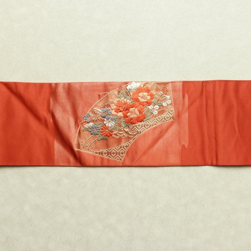 名古屋帯 桃山招宴文 本金箔 太鼓柄 美品 正絹 花柄 名古屋仕立て 箔 フォーマル 扇面 帯 赤・朱_画像13