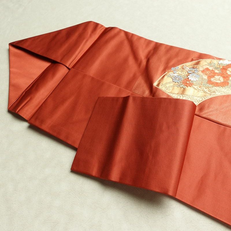 名古屋帯 桃山招宴文 本金箔 太鼓柄 美品 正絹 花柄 名古屋仕立て 箔 フォーマル 扇面 帯 赤・朱_画像21