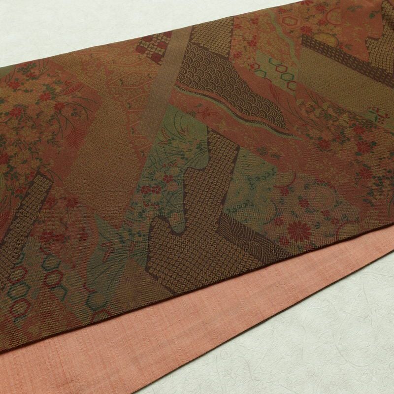 袋帯 全通柄 良品 一般用 正絹 古典柄 帯 茶_画像11