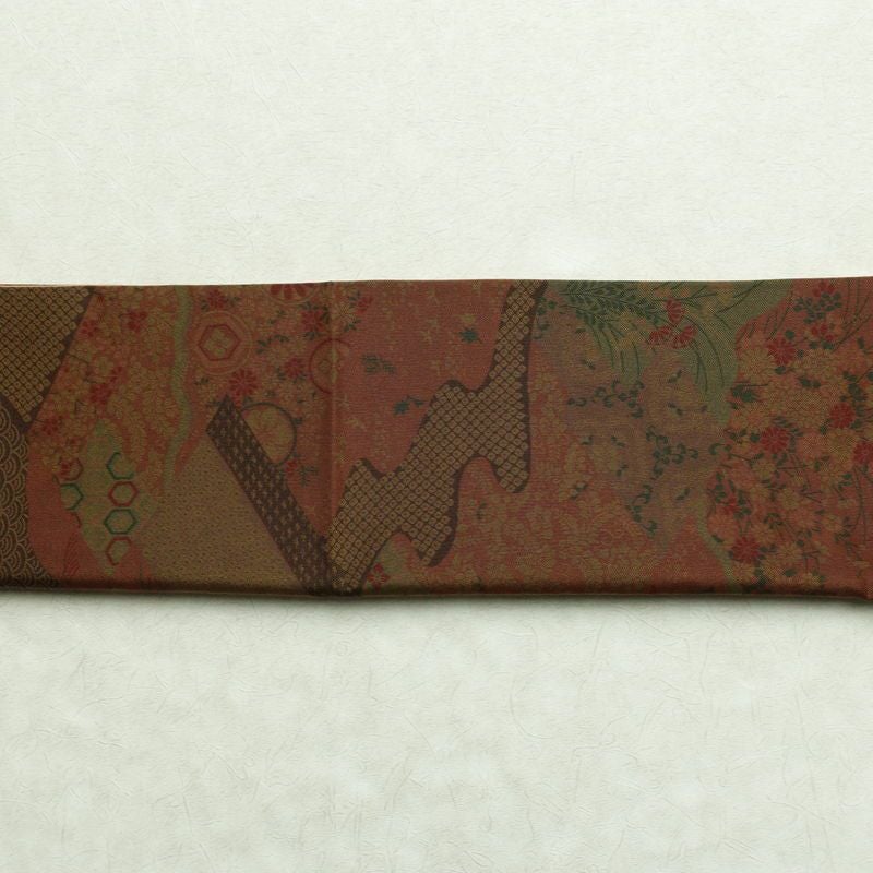 袋帯 全通柄 良品 一般用 正絹 古典柄 帯 茶_画像14