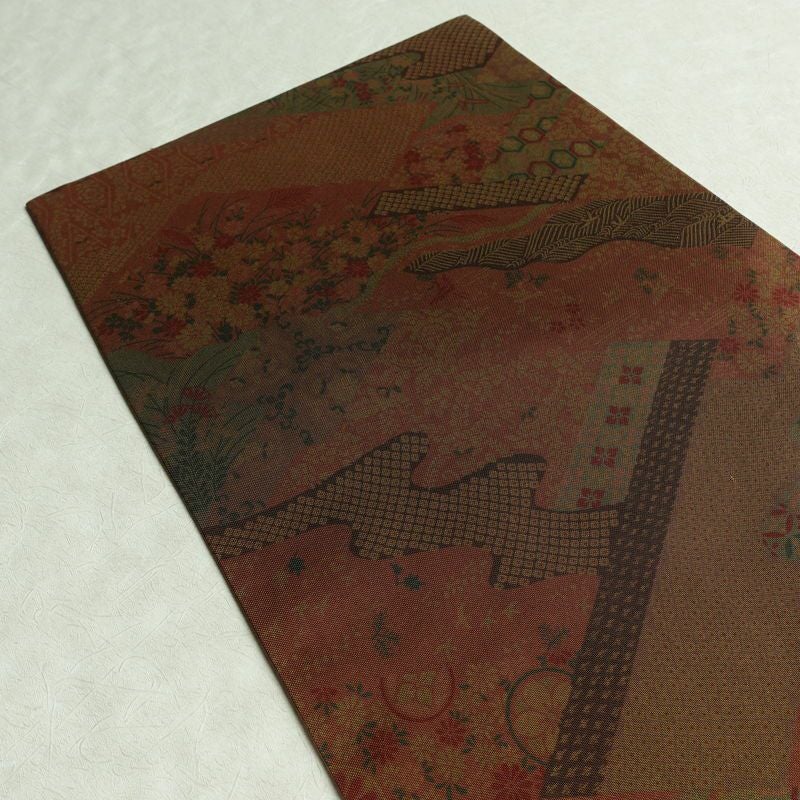 袋帯 全通柄 良品 一般用 正絹 古典柄 帯 茶_画像16