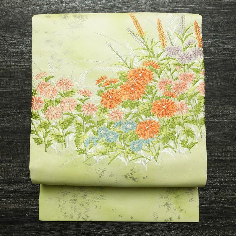 名古屋帯 太鼓柄 正絹 花柄 名古屋仕立て 箔 銀糸 帯 緑・うぐいす色_画像1