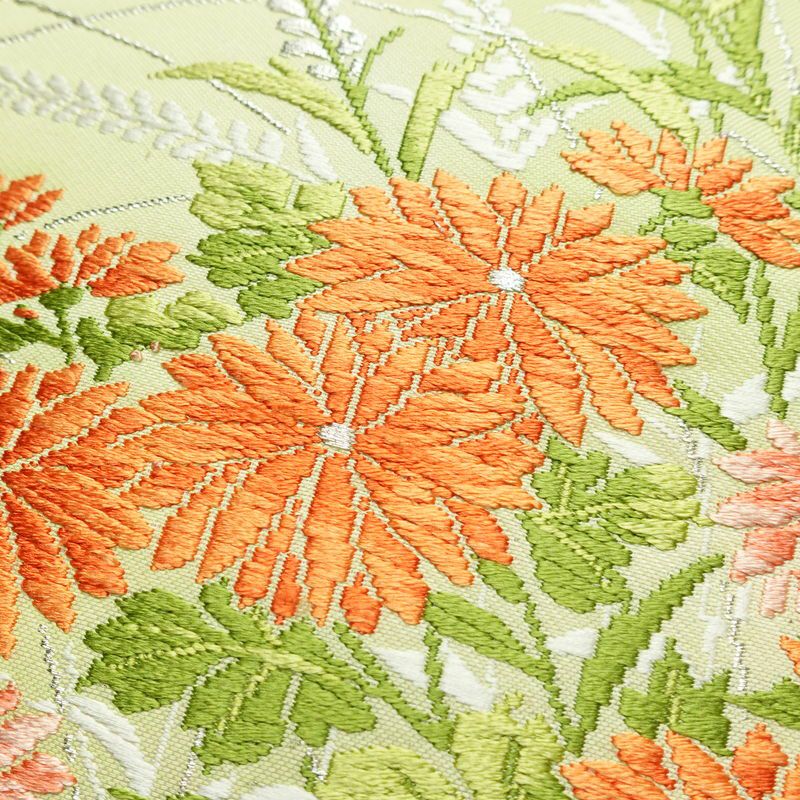 名古屋帯 太鼓柄 正絹 花柄 名古屋仕立て 箔 銀糸 帯 緑・うぐいす色_画像3