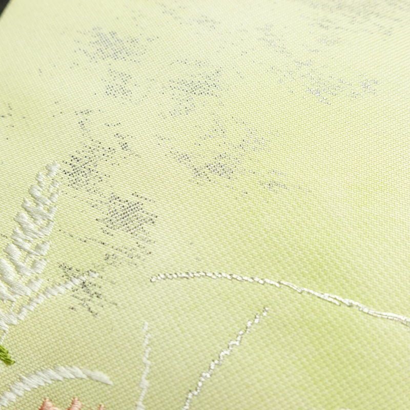 名古屋帯 太鼓柄 正絹 花柄 名古屋仕立て 箔 銀糸 帯 緑・うぐいす色_画像7