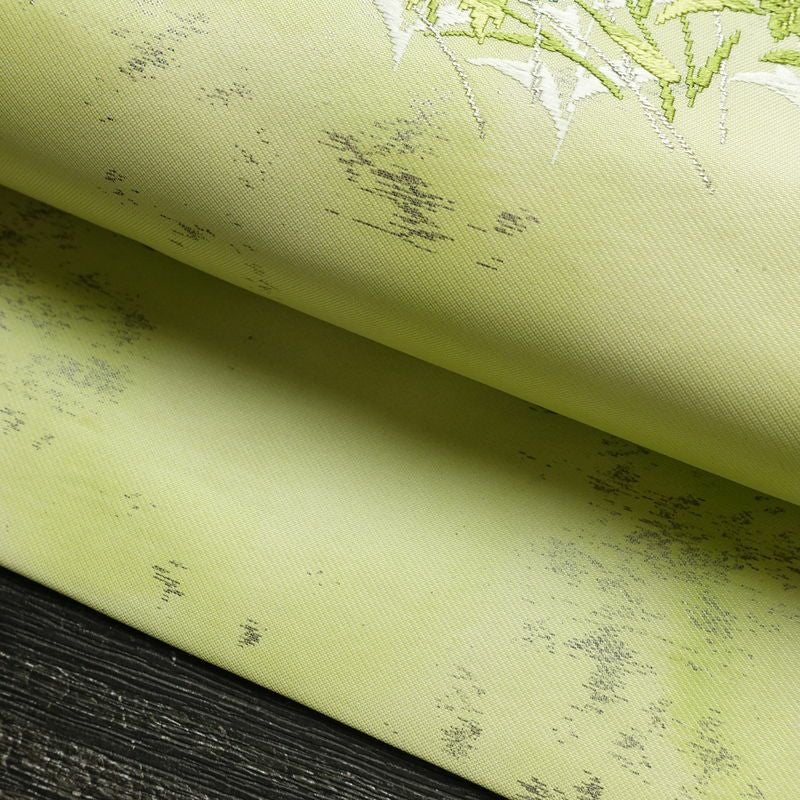 名古屋帯 太鼓柄 正絹 花柄 名古屋仕立て 箔 銀糸 帯 緑・うぐいす色_画像8