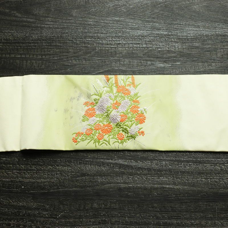 名古屋帯 太鼓柄 正絹 花柄 名古屋仕立て 箔 銀糸 帯 緑・うぐいす色_画像15