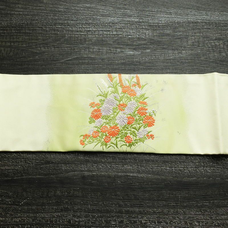 名古屋帯 太鼓柄 正絹 花柄 名古屋仕立て 箔 銀糸 帯 緑・うぐいす色_画像16