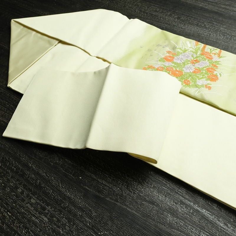 名古屋帯 太鼓柄 正絹 花柄 名古屋仕立て 箔 銀糸 帯 緑・うぐいす色_画像21