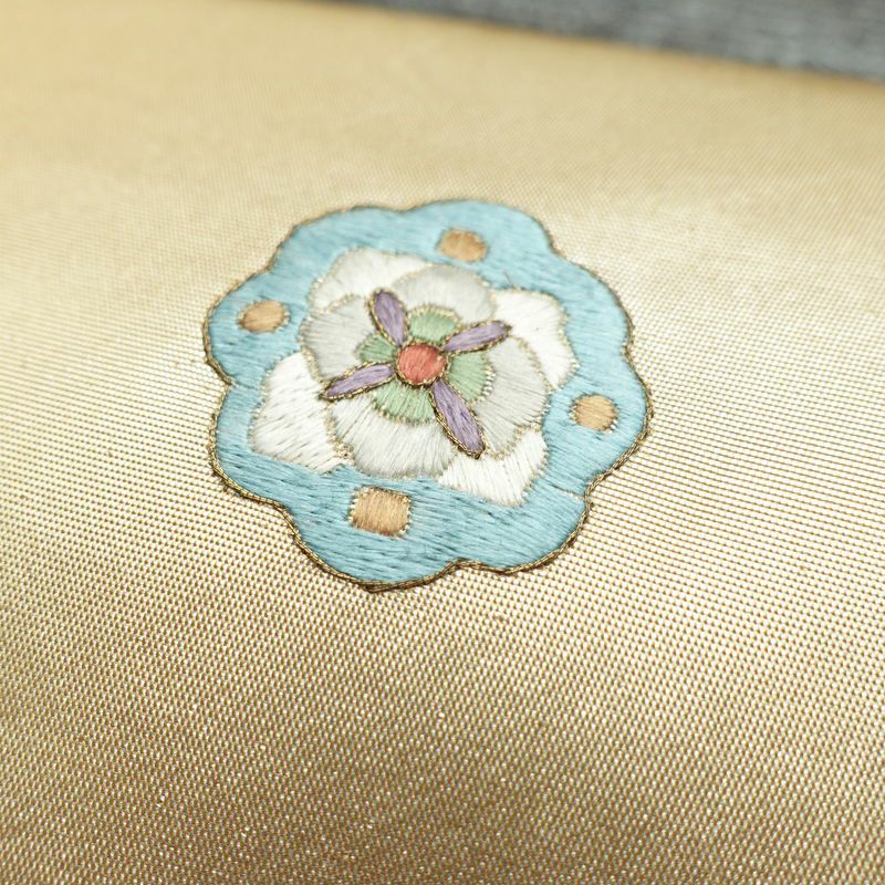 名古屋帯 太鼓柄 正絹 幾何学柄・抽象柄 名古屋仕立て 箔 刺繍 帯 黄・黄土色_画像6
