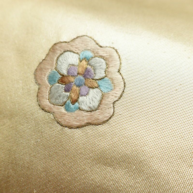 名古屋帯 太鼓柄 正絹 幾何学柄・抽象柄 名古屋仕立て 箔 刺繍 帯 黄・黄土色_画像7