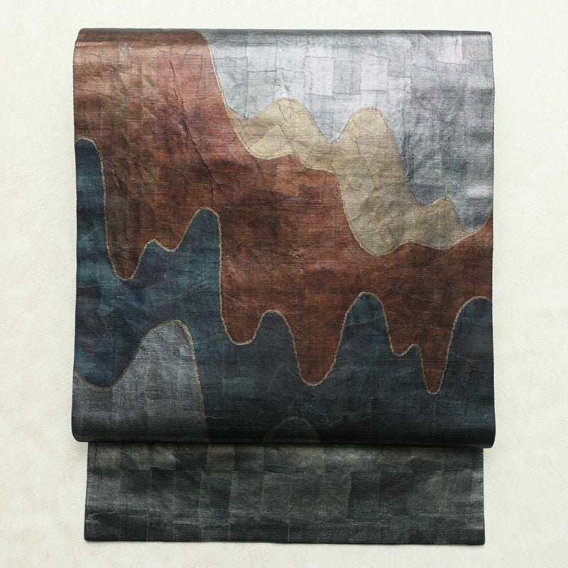 名古屋帯 太鼓柄 正絹 幾何学柄・抽象柄 名古屋仕立て 比翼仕立て 箔 帯 青・紺_画像1