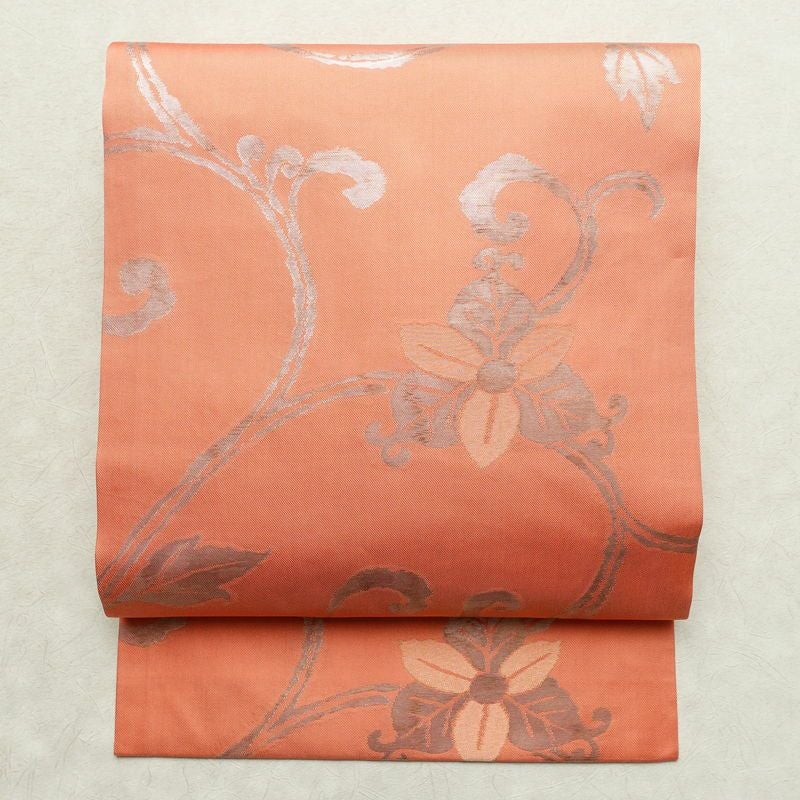 名古屋帯 六通柄 正絹 木の葉・植物柄 名古屋仕立て 箔 帯 ピンク_画像1