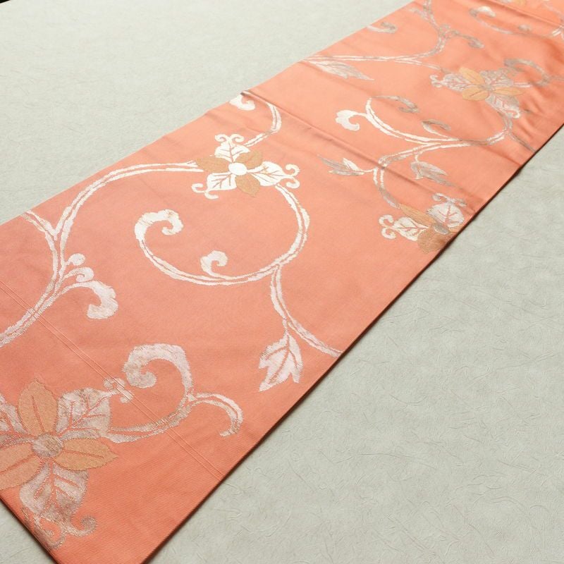 名古屋帯 六通柄 正絹 木の葉・植物柄 名古屋仕立て 箔 帯 ピンク_画像8