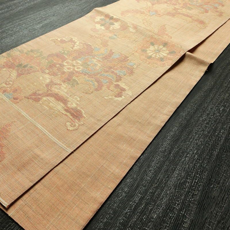 袋帯 手織 草木染紬帯 六通柄 良品 一般用 正絹 花柄 金糸 帯 くすみオレンジ 橙_画像9