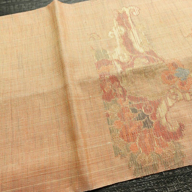 袋帯 手織 草木染紬帯 六通柄 良品 一般用 正絹 花柄 金糸 帯 くすみオレンジ 橙_画像16