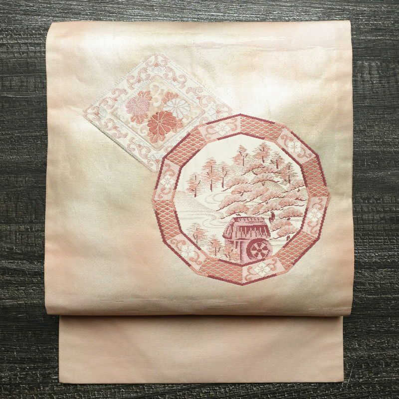 名古屋帯 太鼓柄 正絹 風景柄 名古屋仕立て ピンク_画像1