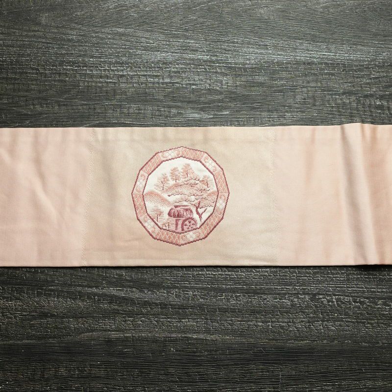 名古屋帯 太鼓柄 正絹 風景柄 名古屋仕立て ピンク_画像14