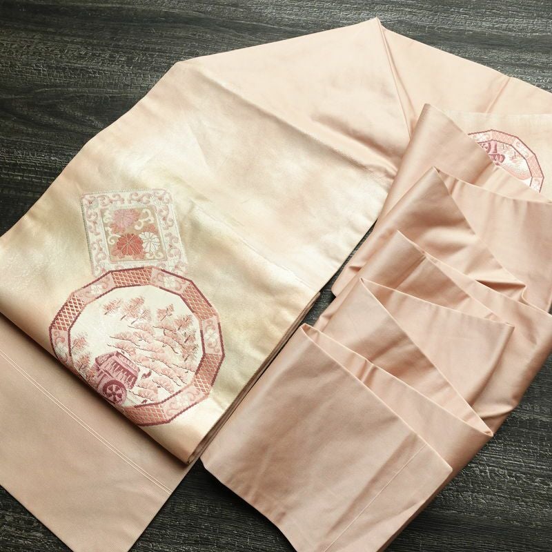 名古屋帯 太鼓柄 正絹 風景柄 名古屋仕立て ピンク_画像17