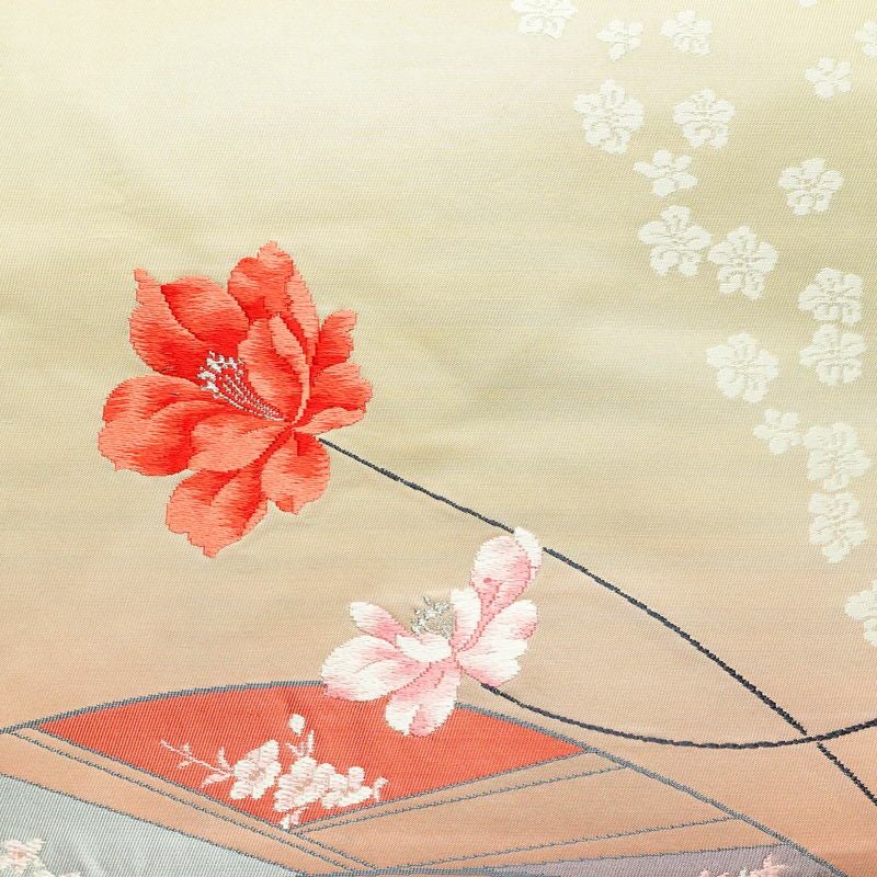 名古屋帯 太鼓柄 美品 しつけ糸付き 正絹 花柄 名古屋仕立て 箔 刺繍 帯 白_画像2