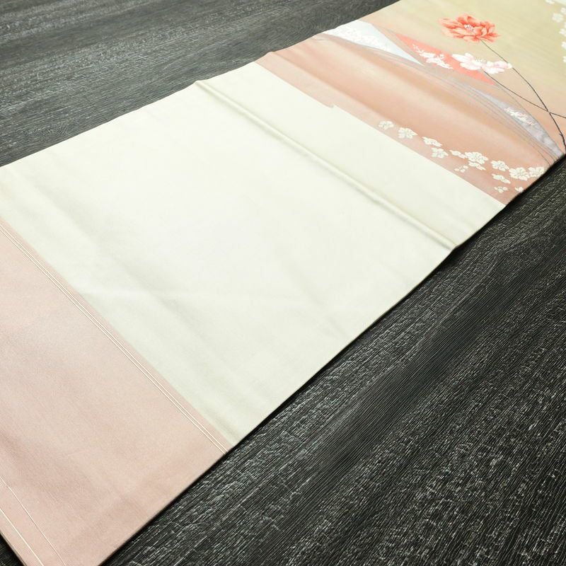 名古屋帯 太鼓柄 美品 しつけ糸付き 正絹 花柄 名古屋仕立て 箔 刺繍 帯 白_画像8