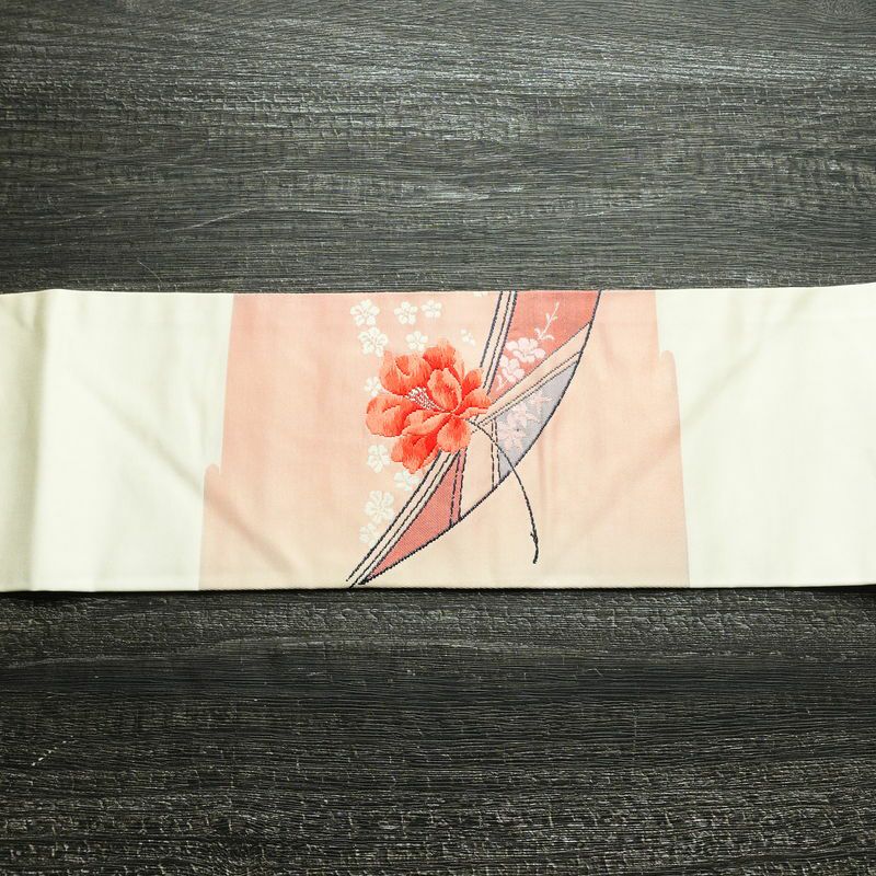 名古屋帯 太鼓柄 美品 しつけ糸付き 正絹 花柄 名古屋仕立て 箔 刺繍 帯 白_画像14