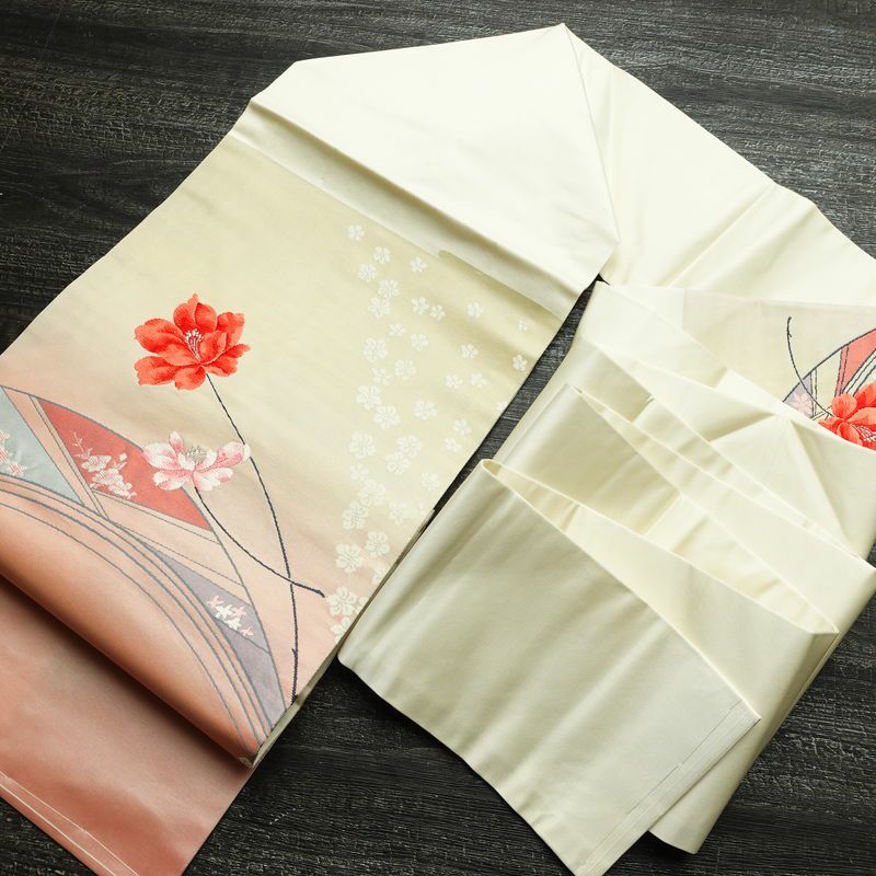 名古屋帯 太鼓柄 美品 しつけ糸付き 正絹 花柄 名古屋仕立て 箔 刺繍 帯 白_画像16