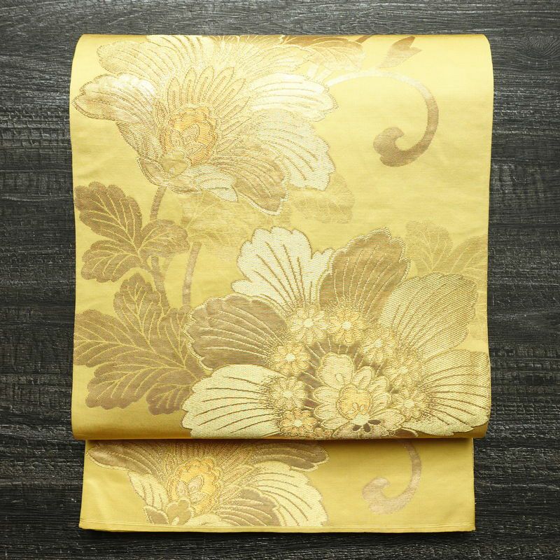袋帯 六通柄 フォーマル用 正絹 花柄 箔 帯 黄・黄土色_画像1