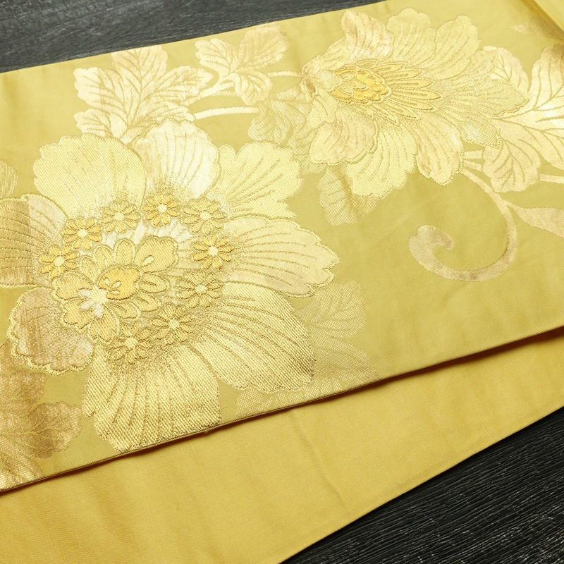 袋帯 六通柄 フォーマル用 正絹 花柄 箔 帯 黄・黄土色_画像11