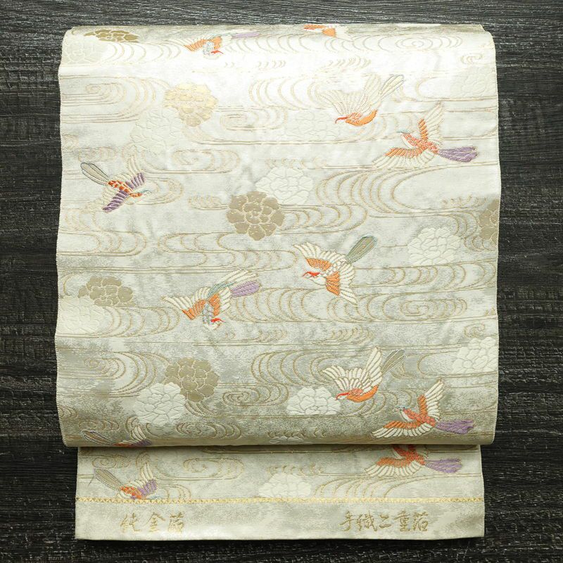 袋帯 六通柄 フォーマル用 正絹 人物・動物柄 箔 金糸 帯 白_画像1