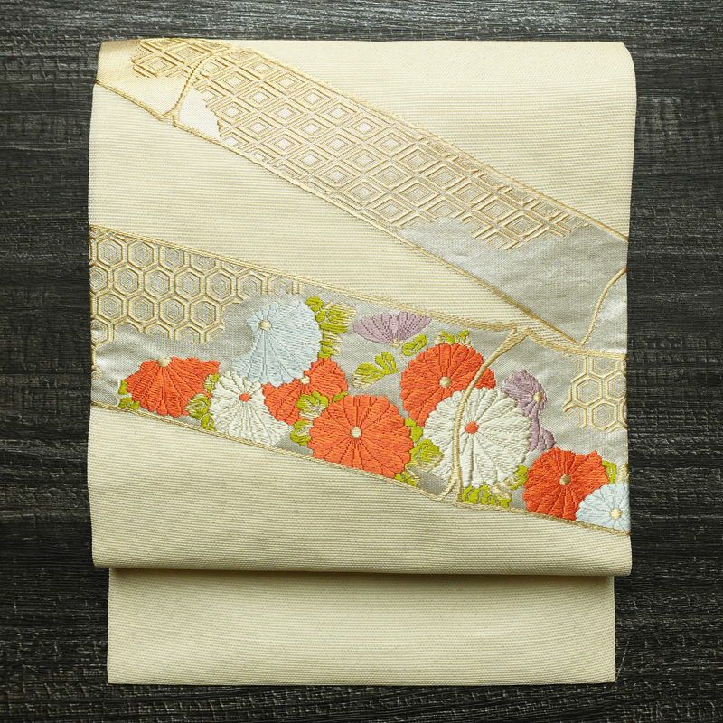 名古屋帯 太鼓柄 夏用 正絹 花柄 名古屋仕立て 帯 菊 亀甲 クリーム_画像1