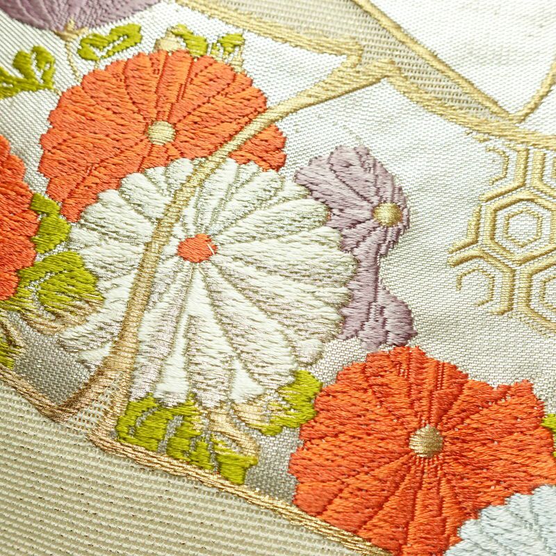 名古屋帯 太鼓柄 夏用 正絹 花柄 名古屋仕立て 帯 菊 亀甲 クリーム_画像3