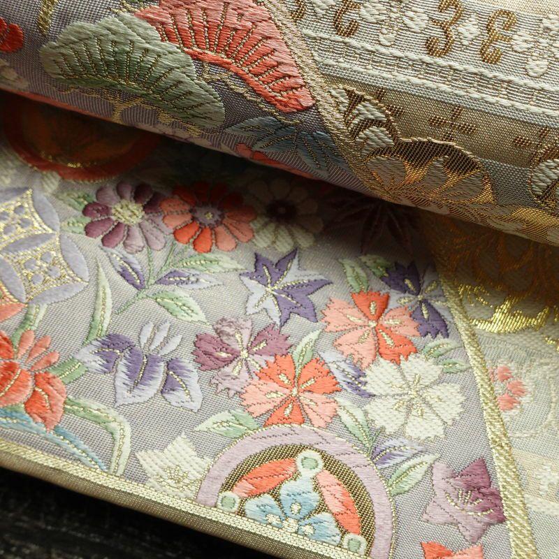 袋帯 六通柄 フォーマル用 正絹 古典柄 箔 刺繍 帯 亀甲 扇面 松 クリーム_画像8