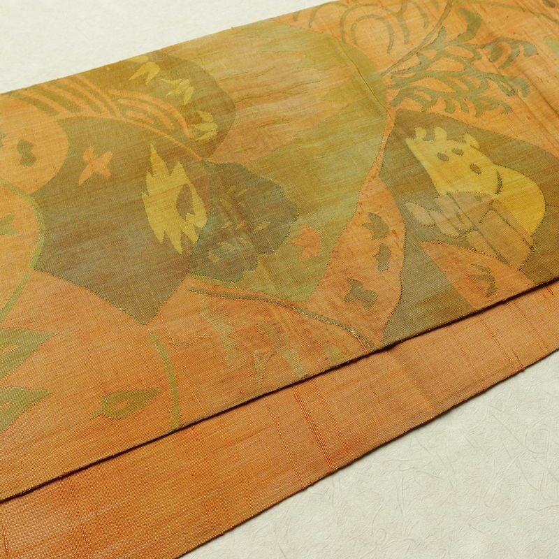 袋帯 紬地 六通柄 一般用 正絹 風景柄 帯 黄・黄土色_画像11