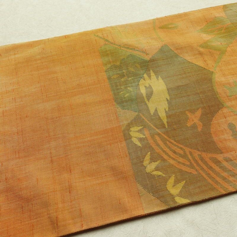 袋帯 紬地 六通柄 一般用 正絹 風景柄 帯 黄・黄土色_画像16