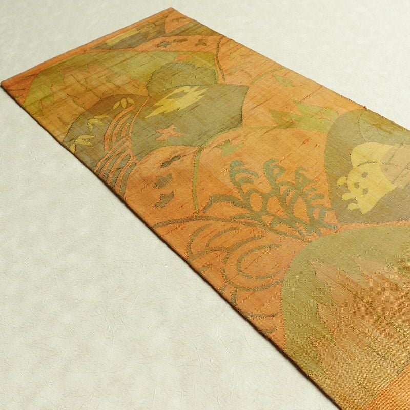 袋帯 紬地 六通柄 一般用 正絹 風景柄 帯 黄・黄土色_画像17