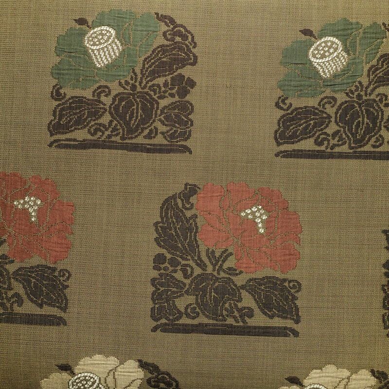 袋帯 六通柄 一般用 正絹 花柄 帯 緑・うぐいす色_画像2