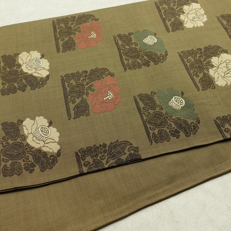 袋帯 六通柄 一般用 正絹 花柄 帯 緑・うぐいす色_画像10
