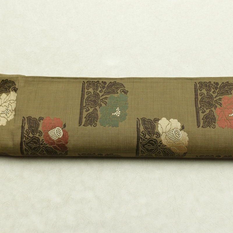 袋帯 六通柄 一般用 正絹 花柄 帯 緑・うぐいす色_画像13