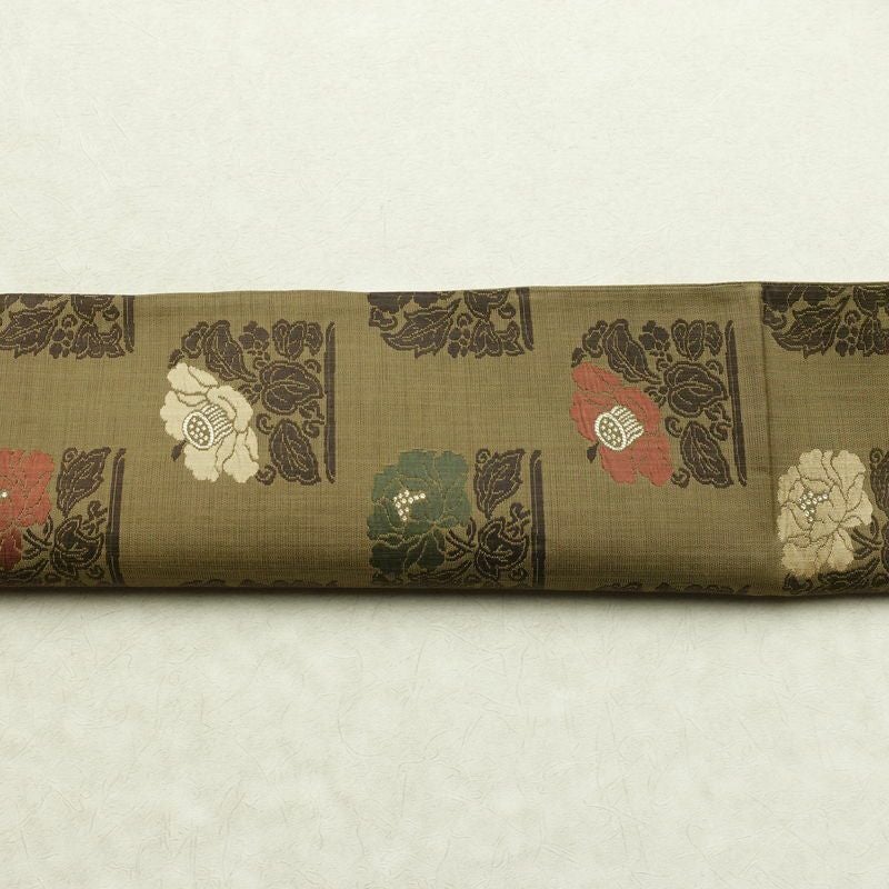 袋帯 六通柄 一般用 正絹 花柄 帯 緑・うぐいす色_画像14