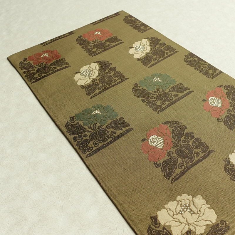 袋帯 六通柄 一般用 正絹 花柄 帯 緑・うぐいす色_画像17